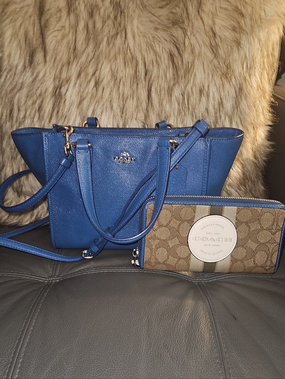Coach Blue Leather Shoulder Tote with Signature Canvas Wallet